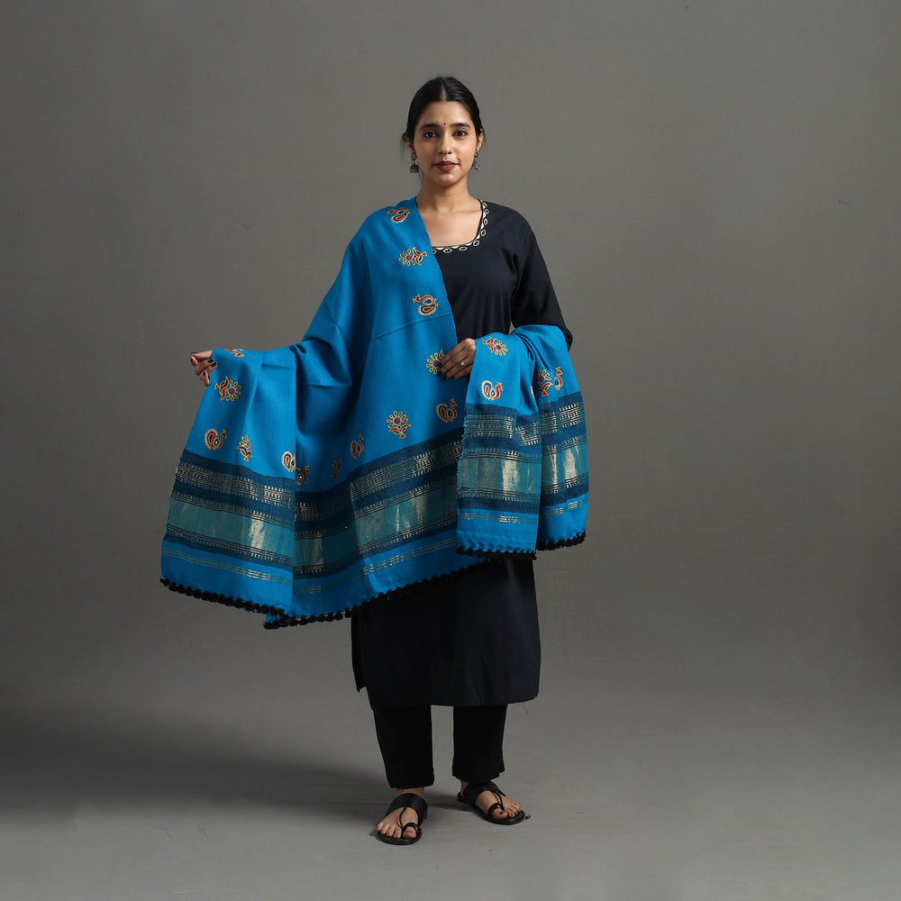 Blue - Kutch Ahir Hand Embroidery Woollen Shawl 50