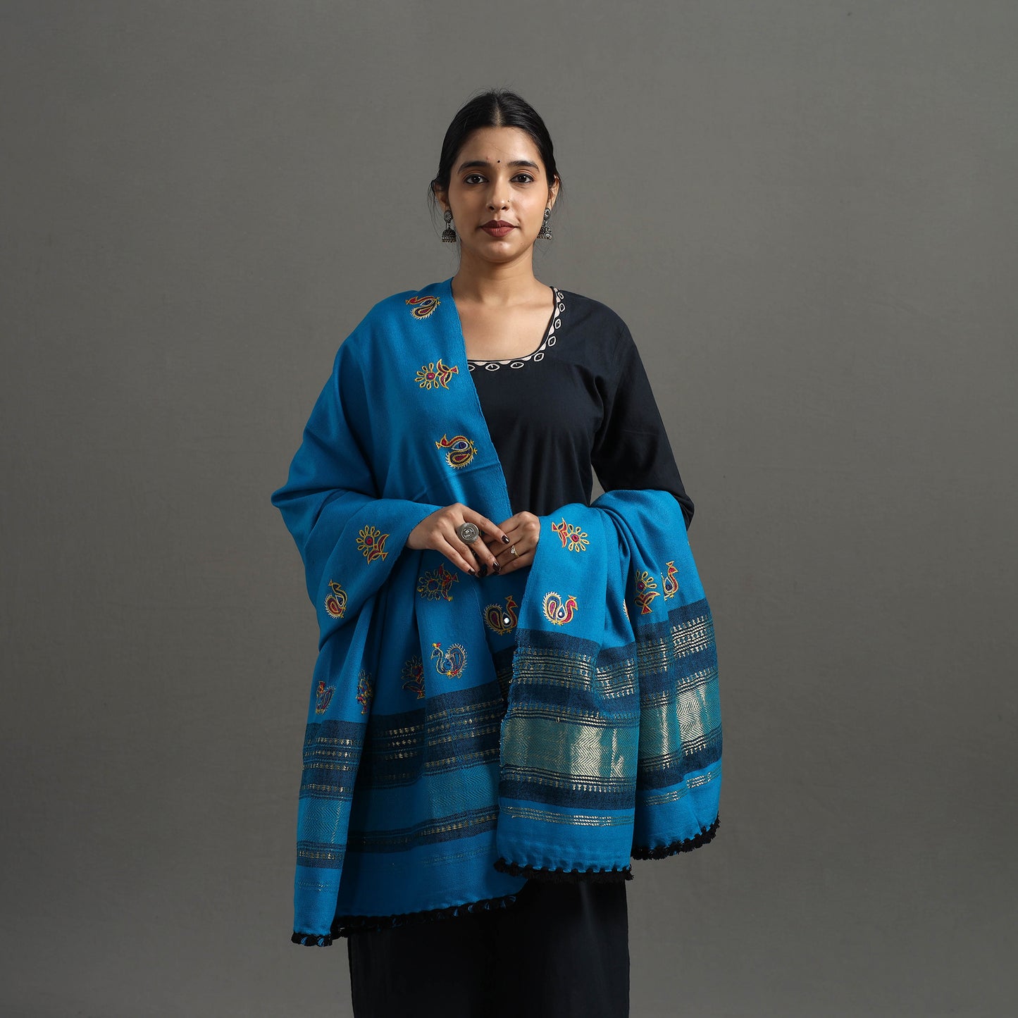 Blue - Kutch Ahir Hand Embroidery Woollen Shawl 50