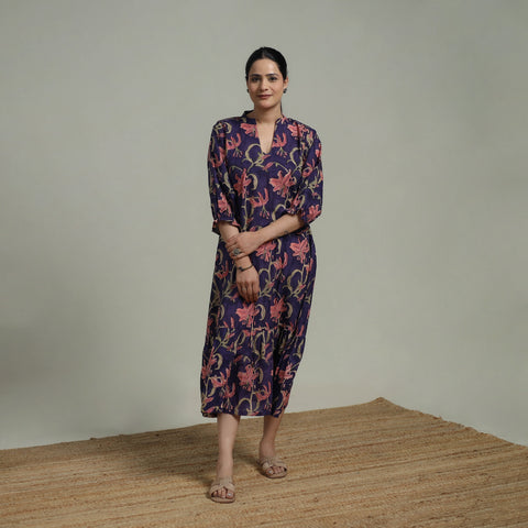 Purple - Sanganeri Hand Block Print Pure Cotton Tiered Dress 17