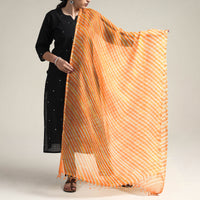 Orange - Leheriya Tie-Dye Kota Doria Silk Dupatta with Tassels