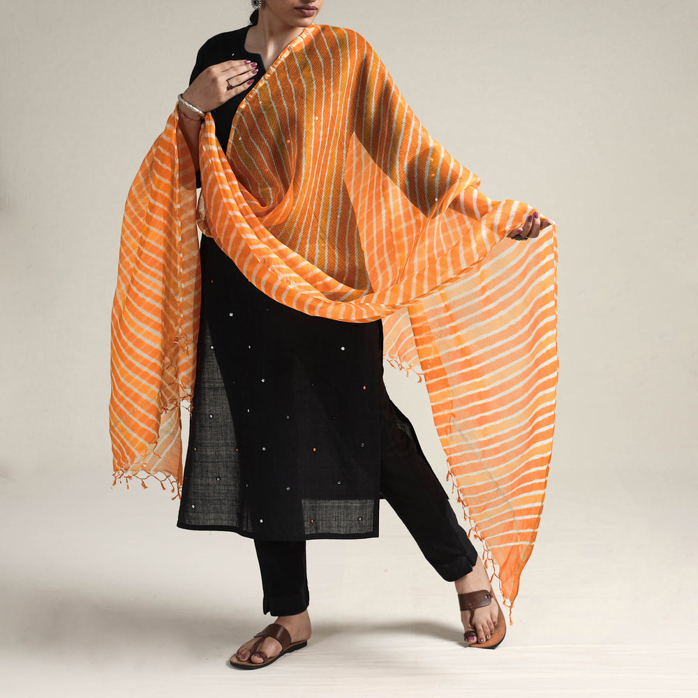 Orange - Leheriya Tie-Dye Kota Doria Silk Dupatta with Tassels