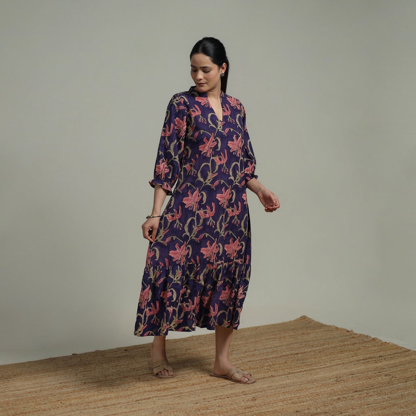 Purple - Sanganeri Hand Block Print Pure Cotton Tiered Dress 17