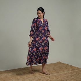 Purple - Sanganeri Hand Block Print Pure Cotton Tiered Dress 17