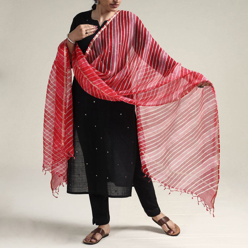 Pink - Leheriya Tie-Dye Kota Doria Silk Dupatta with Tassels