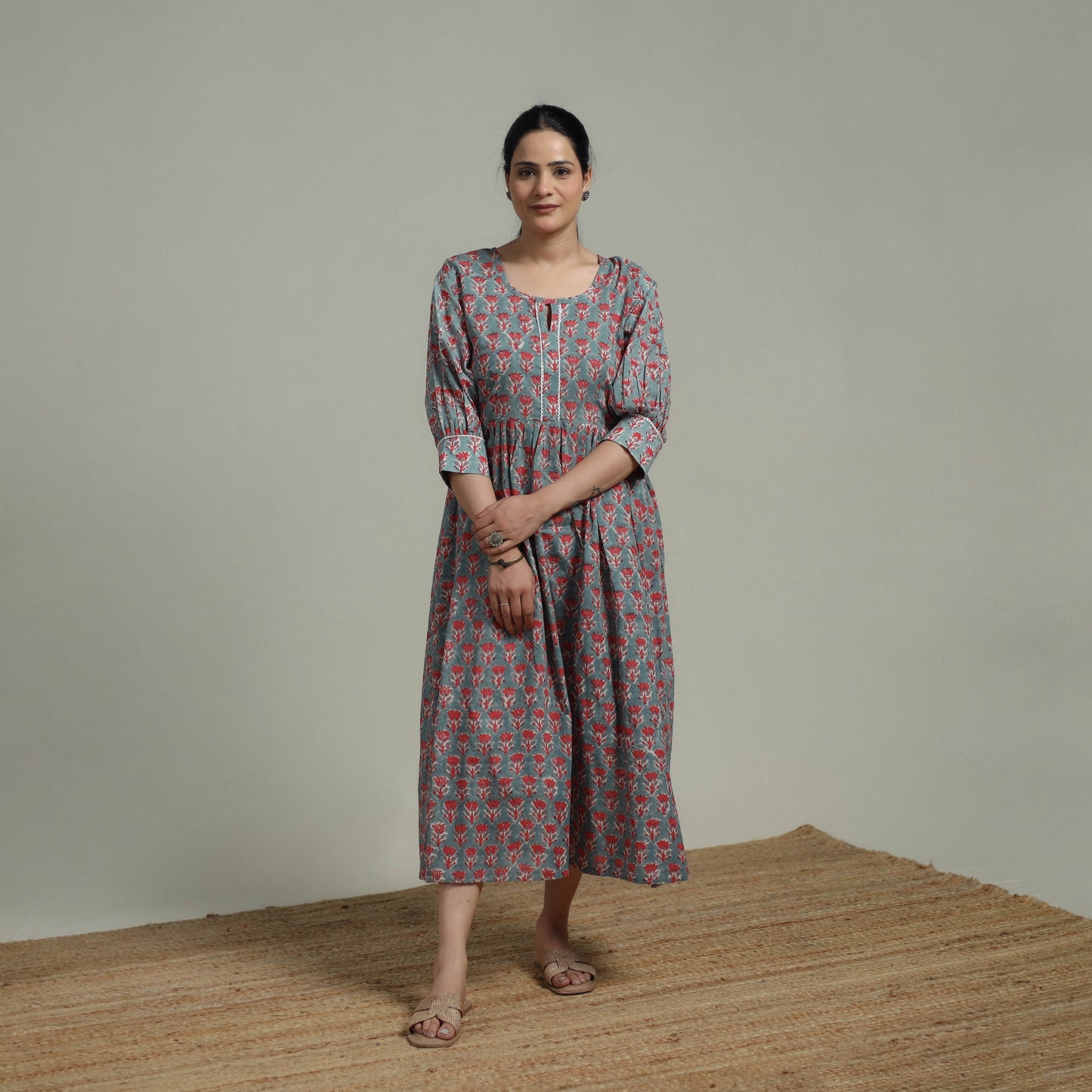 Green - Sanganeri Hand Block Print Pure Cotton Flared Dress 06
