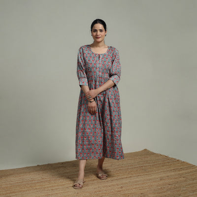Green - Sanganeri Hand Block Print Pure Cotton Flared Dress 06