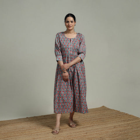 Green - Sanganeri Hand Block Print Pure Cotton Flared Dress 06