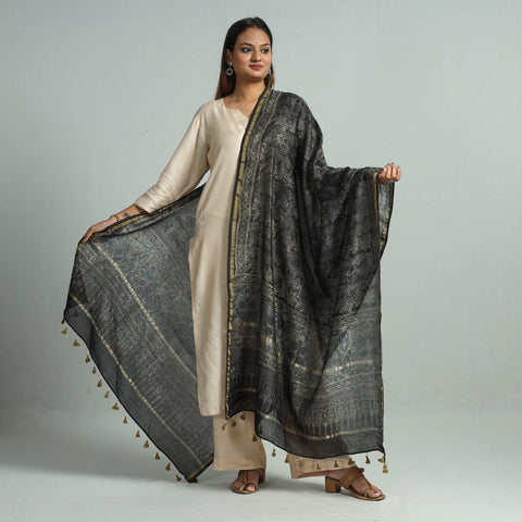 Black Ajrakh Hand Block Printed Handloom Pure Wool Dupatta