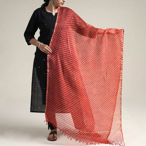 Red - Leheriya Tie-Dye Kota Doria Silk Dupatta with Tassels