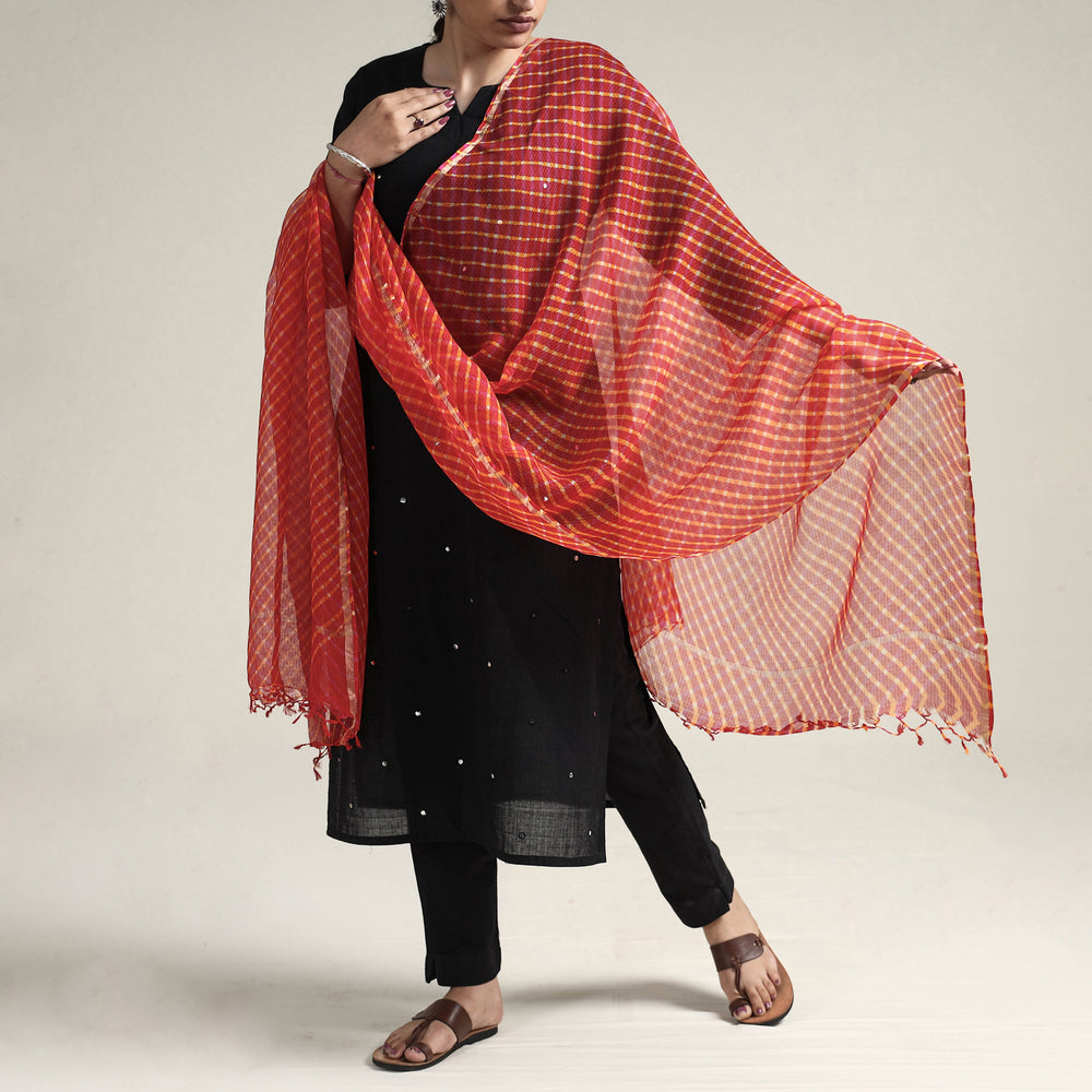 Red - Leheriya Tie-Dye Kota Doria Silk Dupatta with Tassels