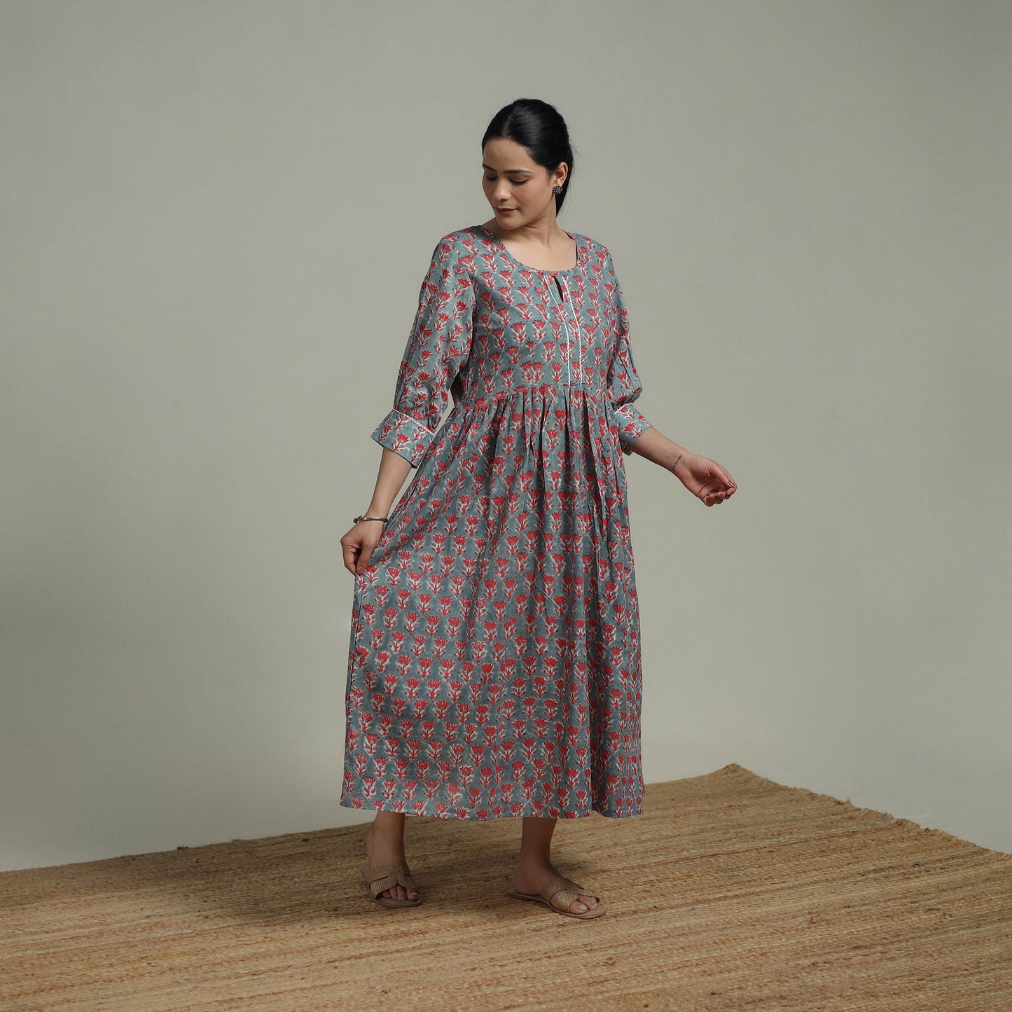 Green - Sanganeri Hand Block Print Pure Cotton Flared Dress 06