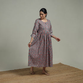 Green - Sanganeri Hand Block Print Pure Cotton Flared Dress 06