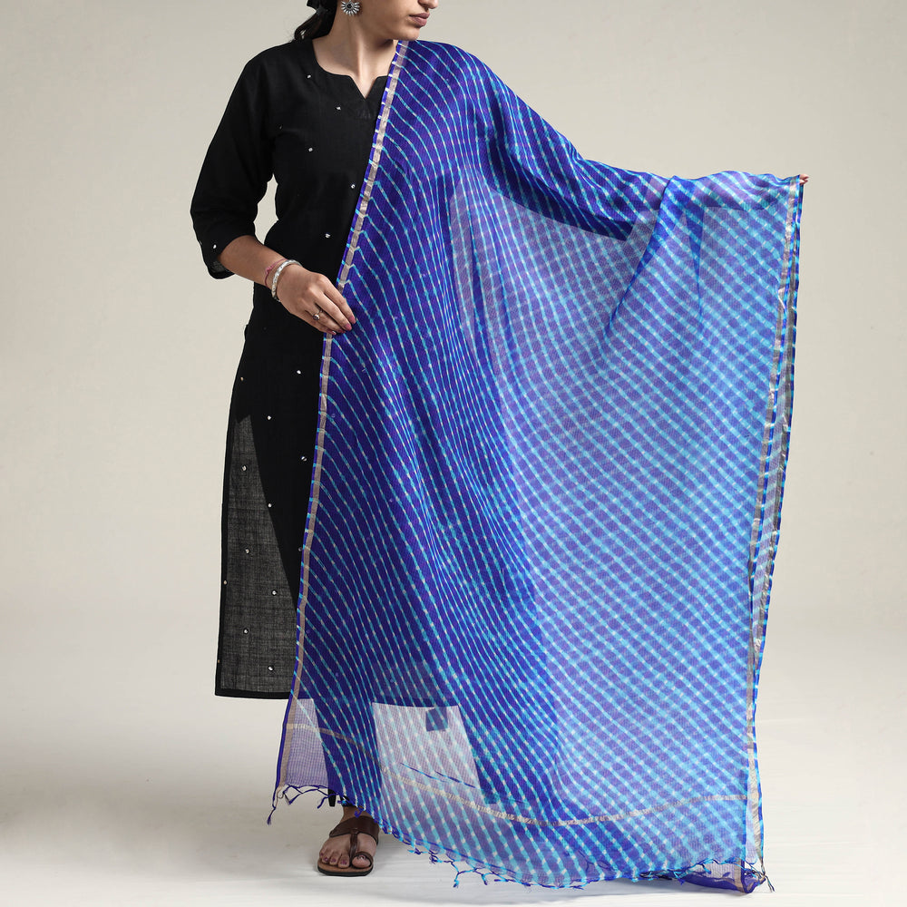 Blue - Leheriya Tie-Dye Mothra Kota Doria Silk Dupatta with Tassels