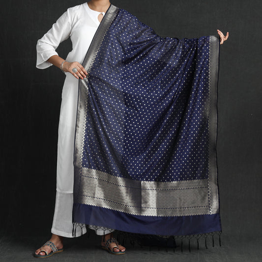 Blue - Banarasi Semi Silk Zari Jaal Dupatta with Tassels
