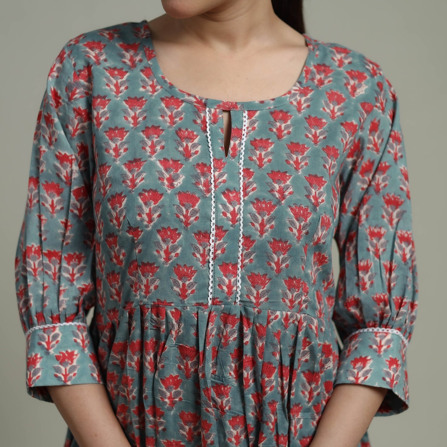 Green - Sanganeri Hand Block Print Pure Cotton Flared Dress 06