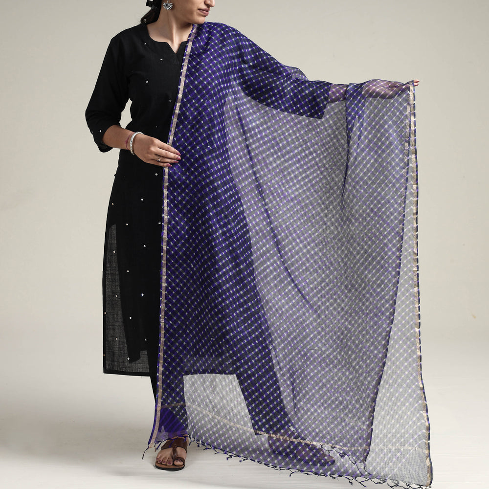 Purple - Leheriya Tie-Dye Mothra Kota Doria Silk Dupatta with Tassels