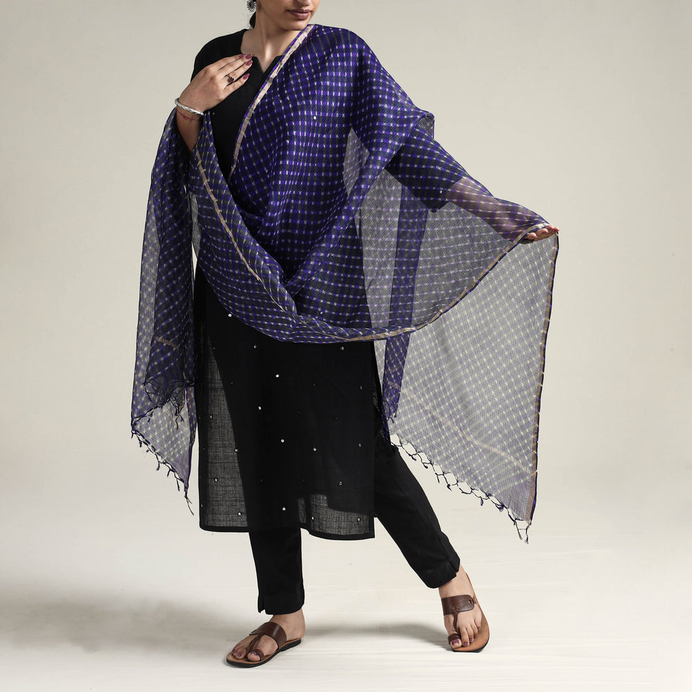 Purple - Leheriya Tie-Dye Mothra Kota Doria Silk Dupatta with Tassels