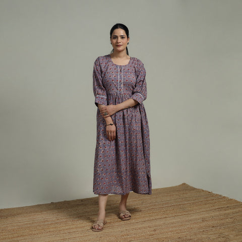 Purple - Sanganeri Hand Block Print Pure Cotton Flared Dress 07