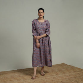 Purple - Sanganeri Hand Block Print Pure Cotton Flared Dress 07