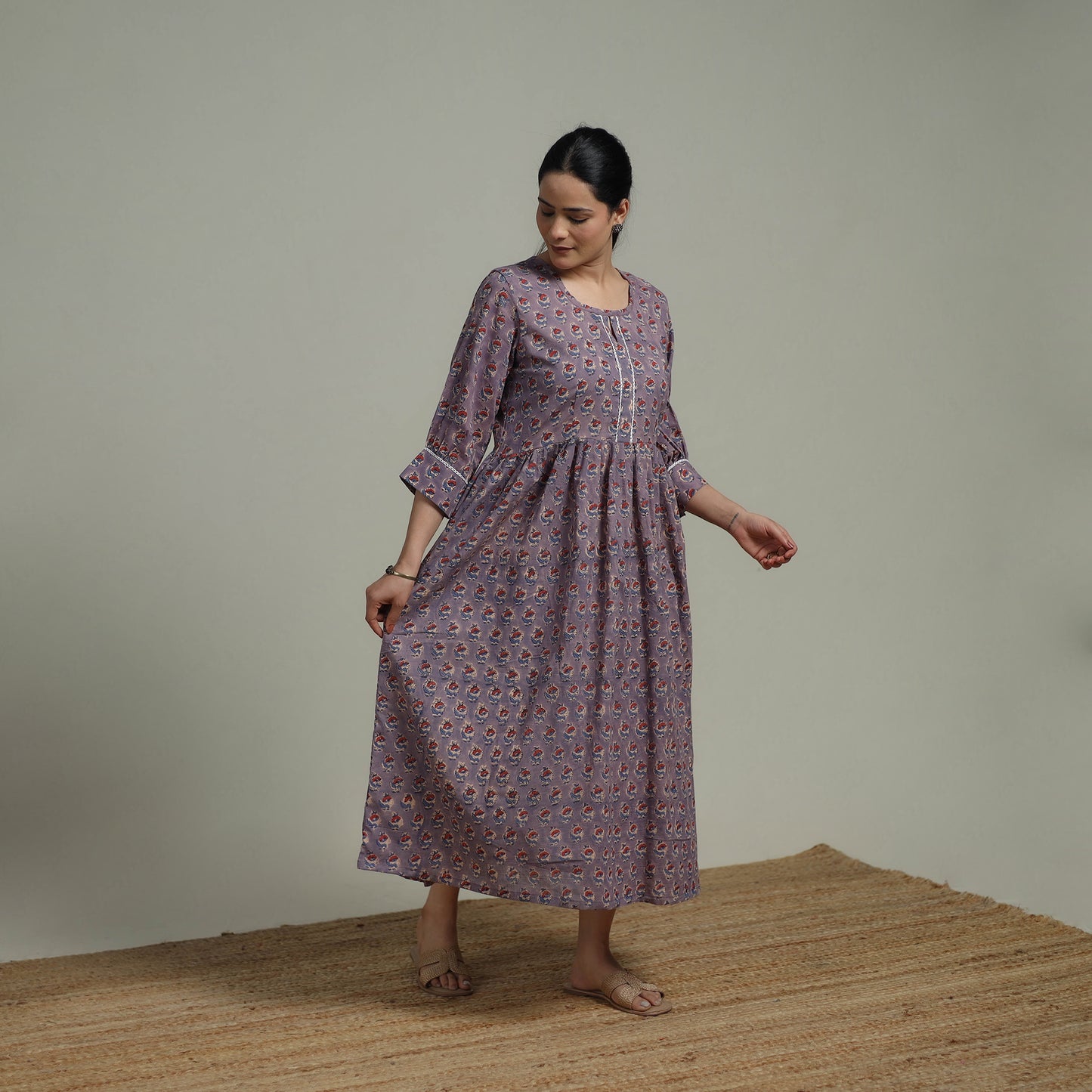 Purple - Sanganeri Hand Block Print Pure Cotton Flared Dress 07