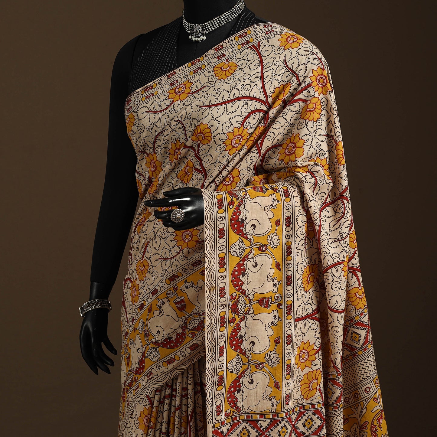 Yellow - printed cotton nellore kalamkari saree 12