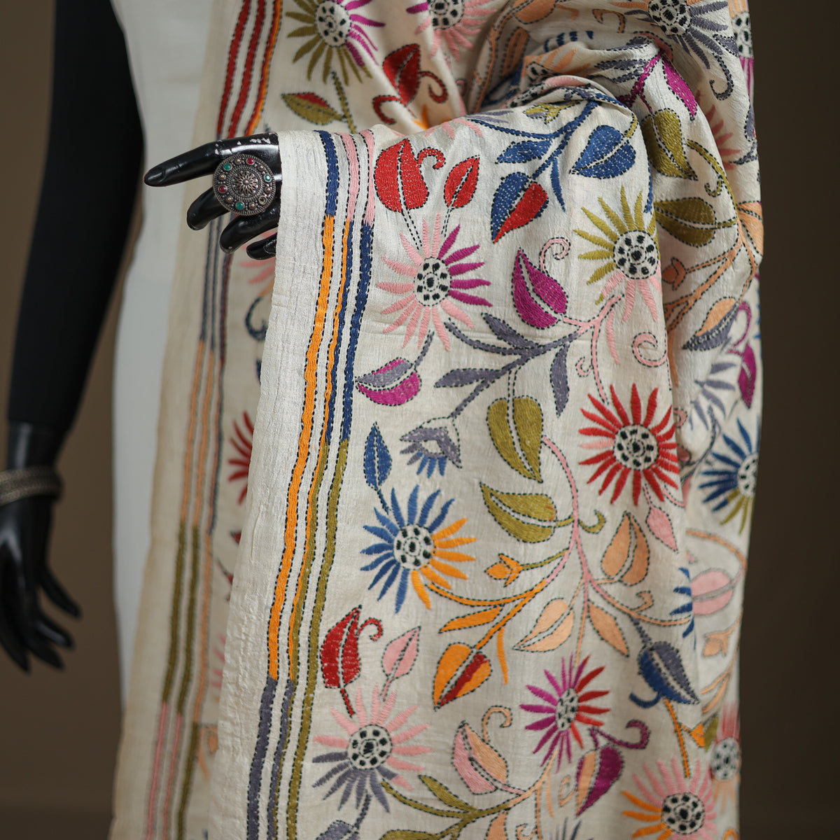 Tussar Silk Handloom Bolpur Kantha Hand Embroidered Dupatta 21