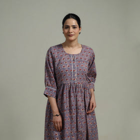 Purple - Sanganeri Hand Block Print Pure Cotton Flared Dress 07