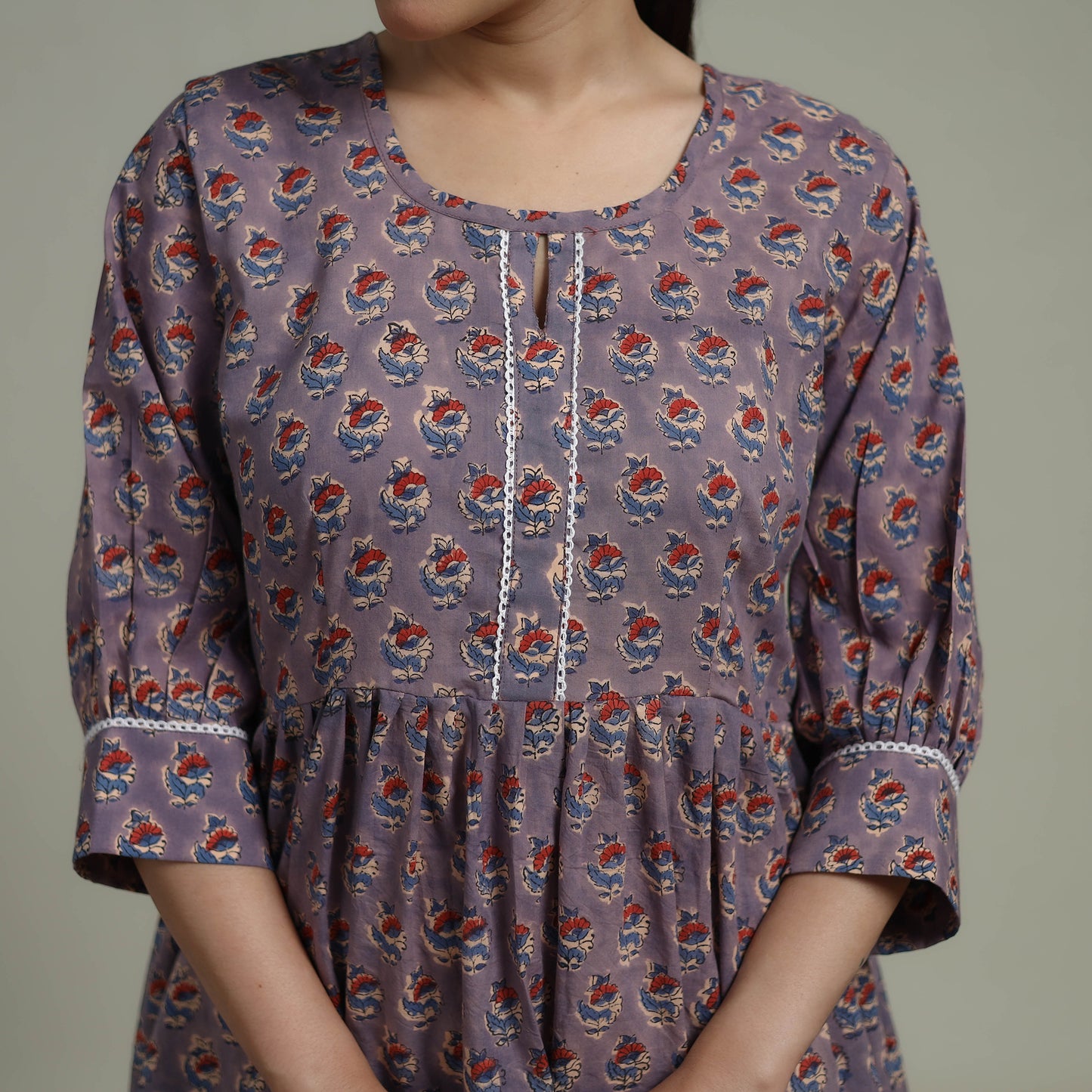 Purple - Sanganeri Hand Block Print Pure Cotton Flared Dress 07