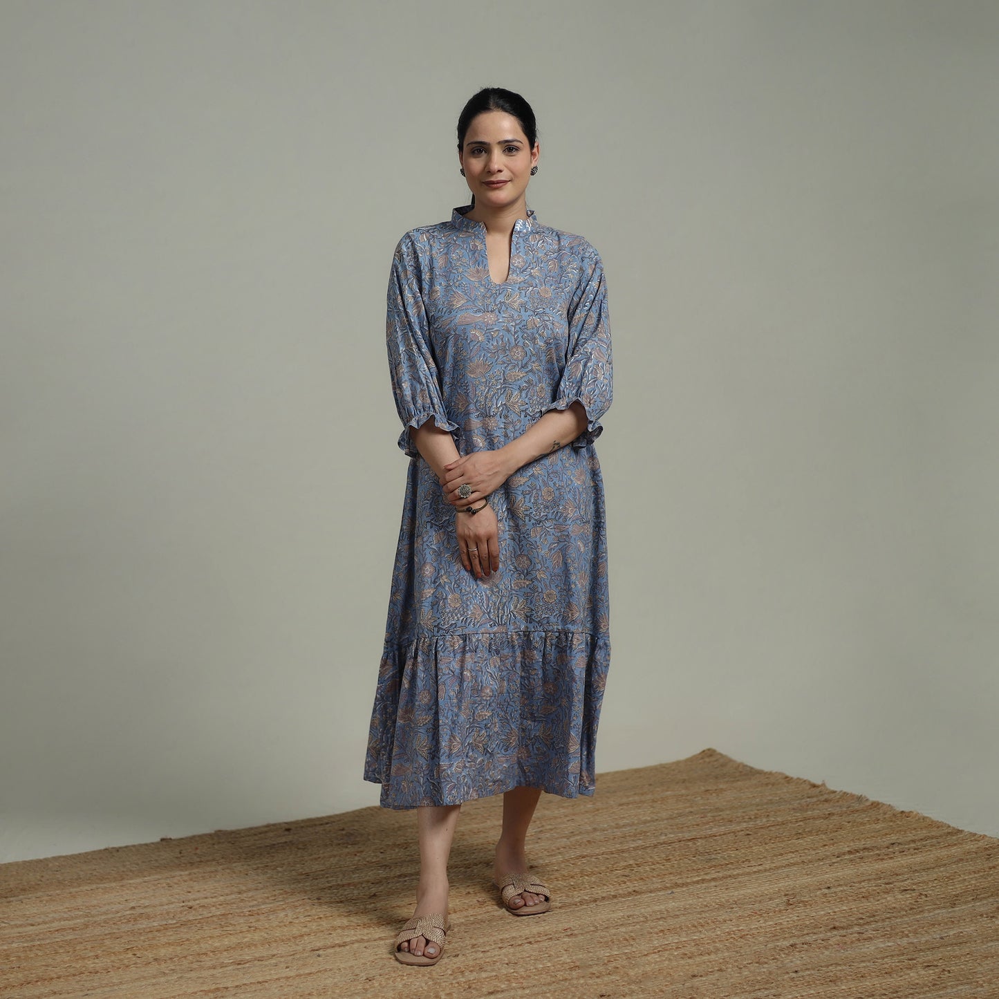 Blue - Sanganeri Hand Block Print Pure Cotton Tiered Dress 16