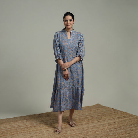 Blue - Sanganeri Hand Block Print Pure Cotton Tiered Dress 16