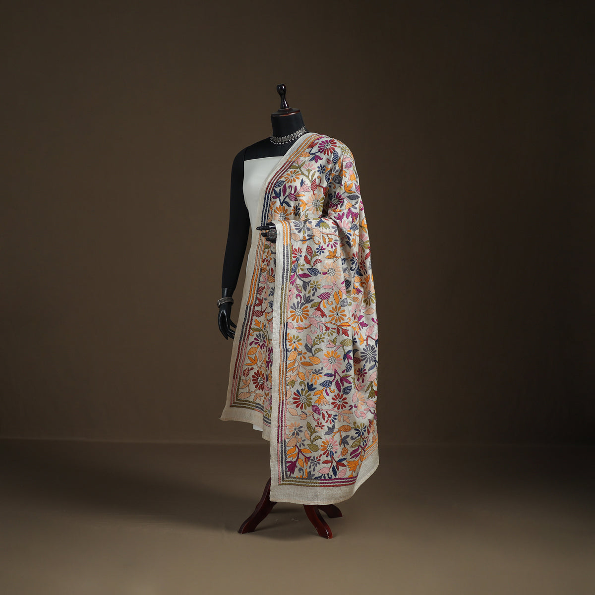 Tussar Silk Handloom Bolpur Kantha Hand Embroidered Dupatta 22