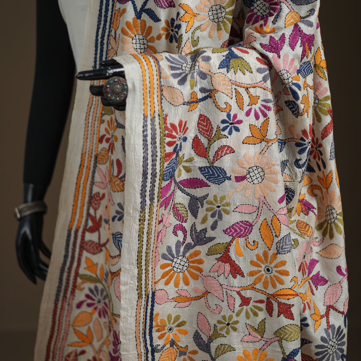 Tussar Silk Handloom Bolpur Kantha Hand Embroidered Dupatta 22