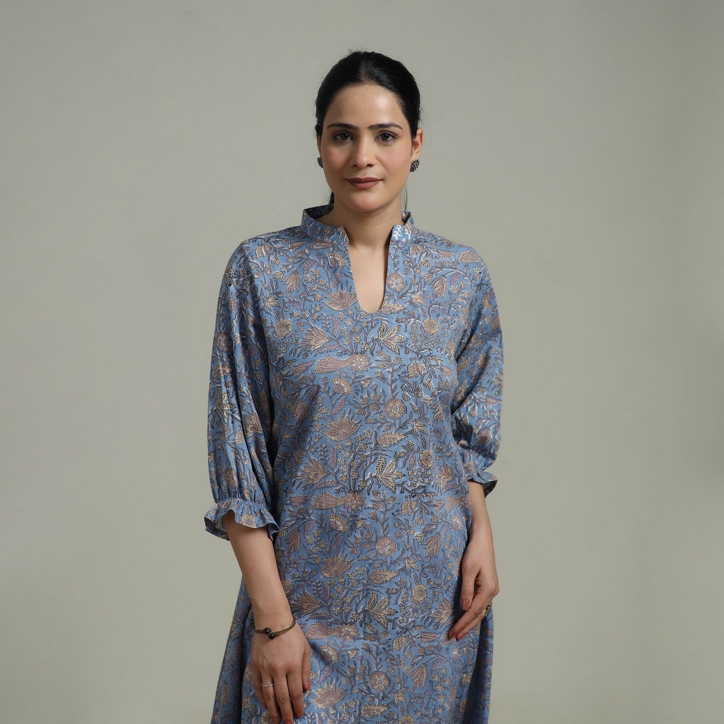 Blue - Sanganeri Hand Block Print Pure Cotton Tiered Dress 16