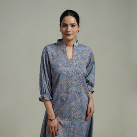 Blue - Sanganeri Hand Block Print Pure Cotton Tiered Dress 16