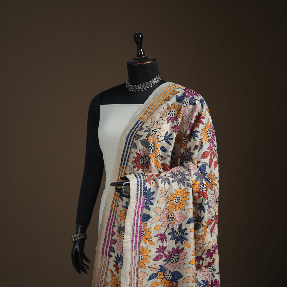 Tussar Silk Handloom Bolpur Kantha Hand Embroidered Dupatta 23