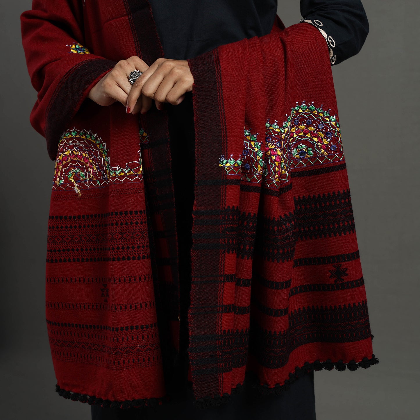 Red - Kutch Neran Hand Embroidery Mirror Work Woollen Shawl 126