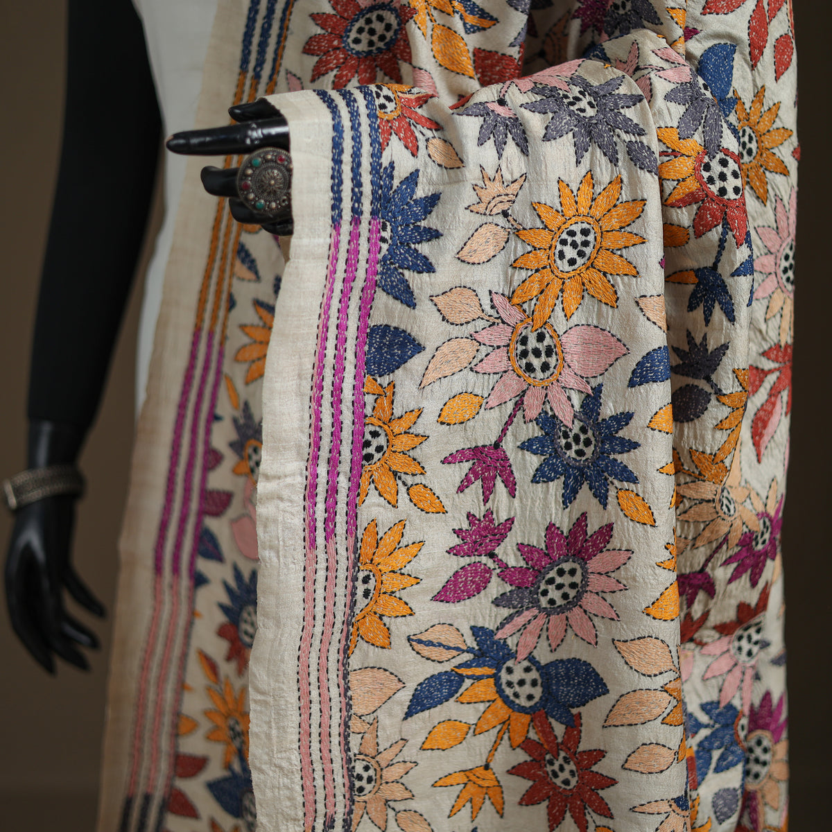 Tussar Silk Handloom Bolpur Kantha Hand Embroidered Dupatta 23