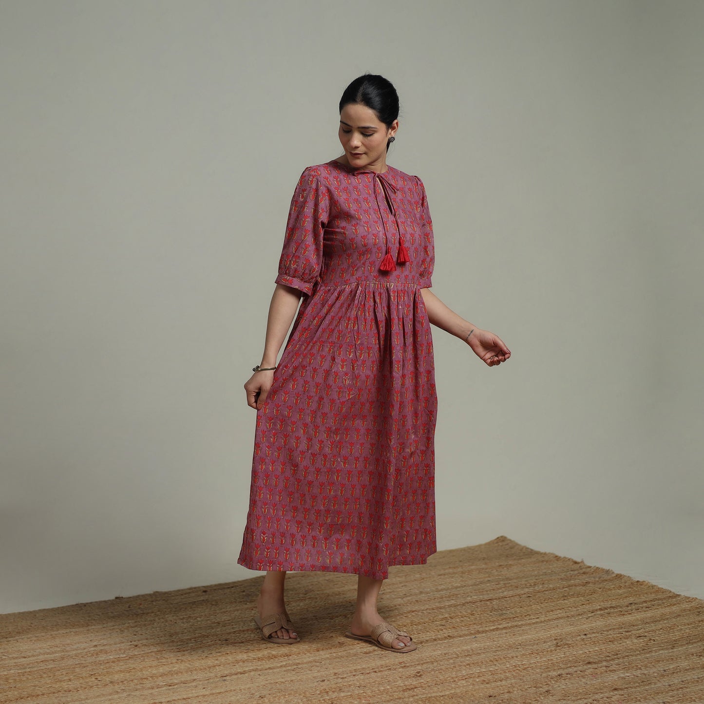 Purple - Sanganeri Hand Block Print Pure Cotton Flared Dress 01