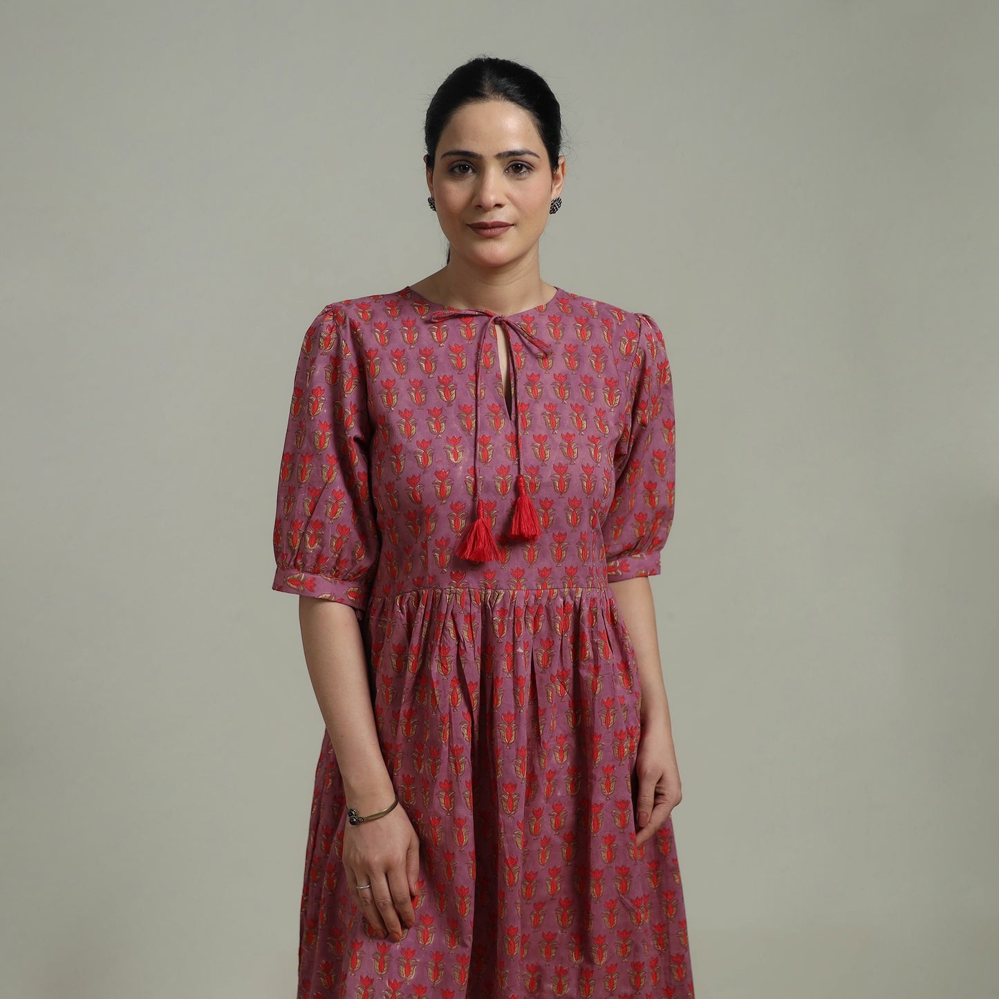 Purple - Sanganeri Hand Block Print Pure Cotton Flared Dress 01