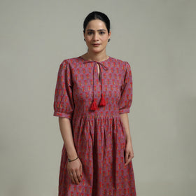 Purple - Sanganeri Hand Block Print Pure Cotton Flared Dress 01