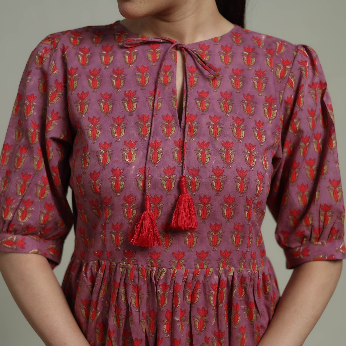 Purple - Sanganeri Hand Block Print Pure Cotton Flared Dress 01