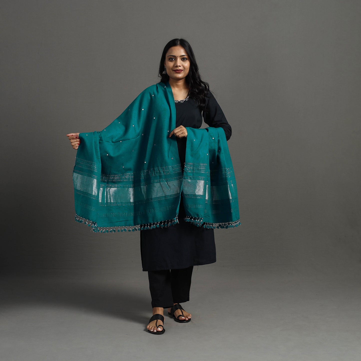 Green - Kutch Zari Hand Embroidery Mirror Work Woollen Shawl 128