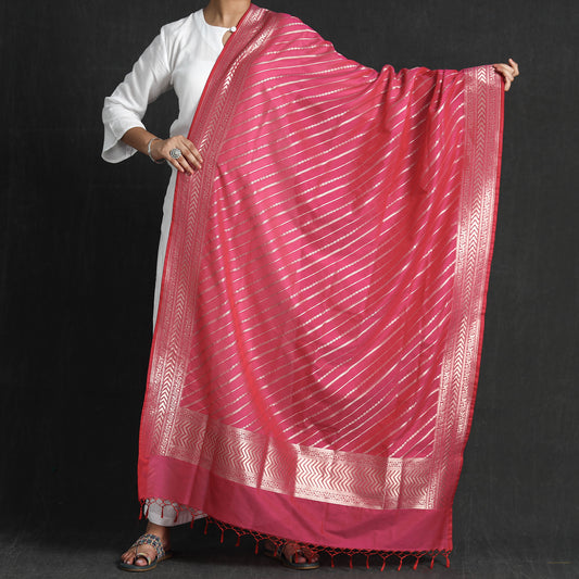 Pink - Banarasi Semi Silk Zari Jaal Dupatta with Tassels