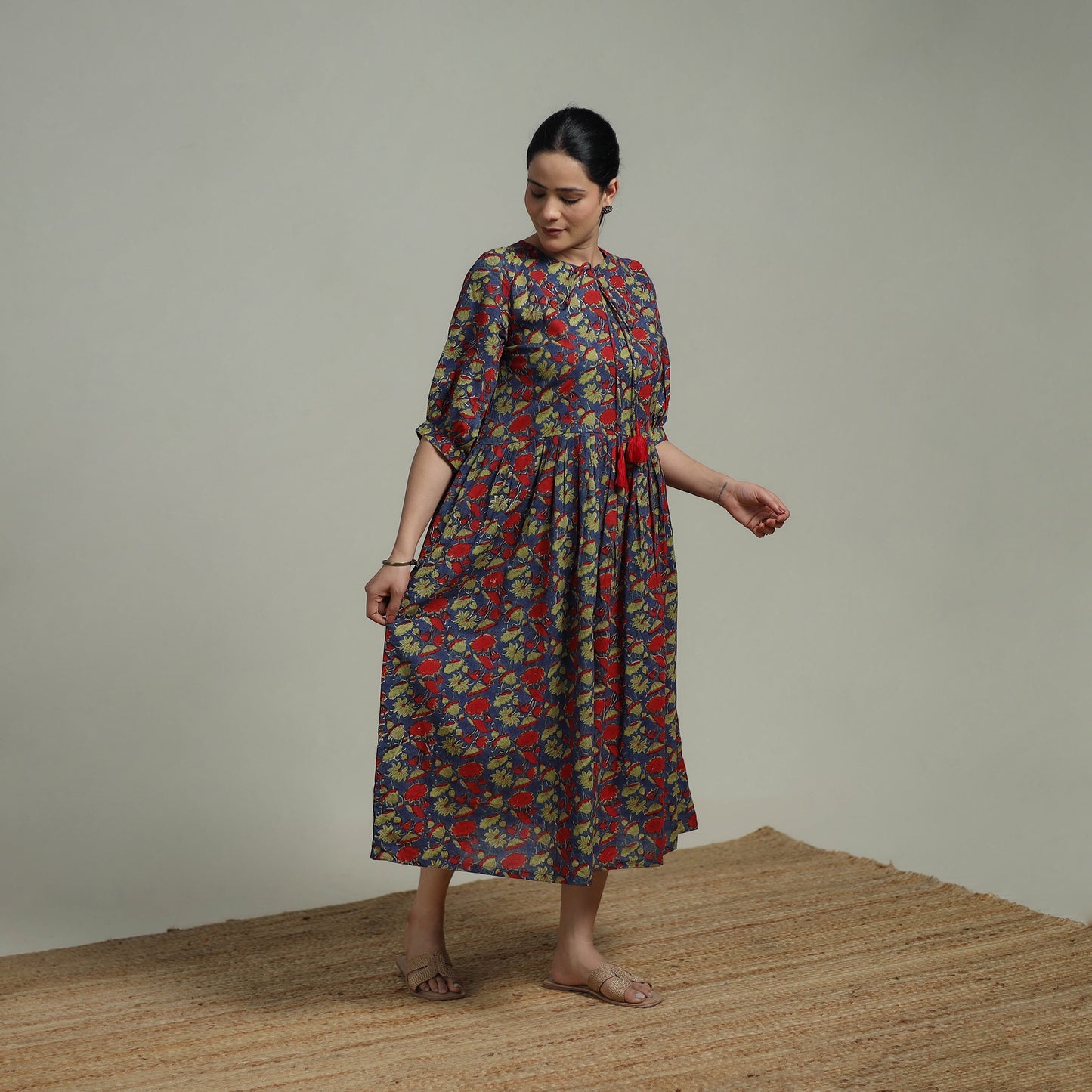 Multicolor - Sanganeri Hand Block Print Pure Cotton Flared Dress 03