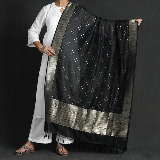 Black - Banarasi Semi Silk Zari Jaal Dupatta with Tassels