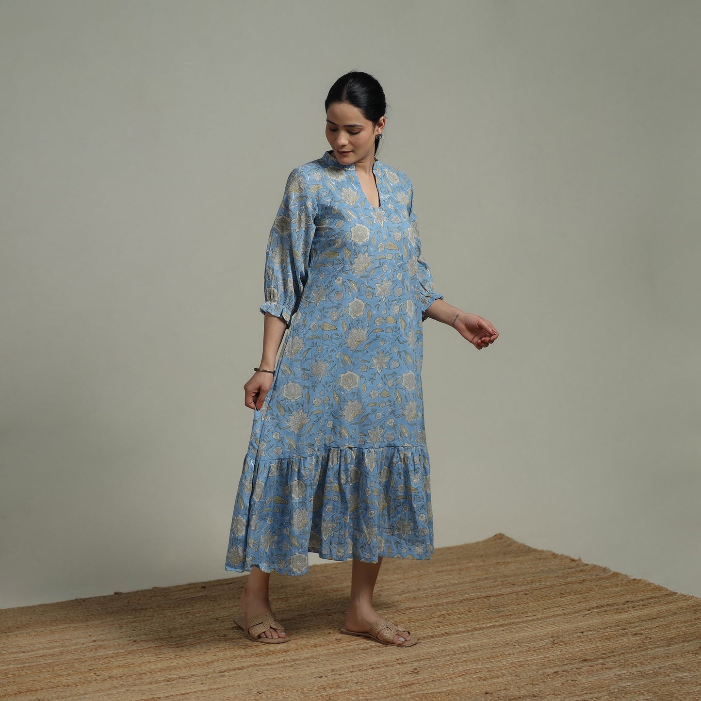 Blue - Sanganeri Hand Block Print Pure Cotton Tiered Dress 18