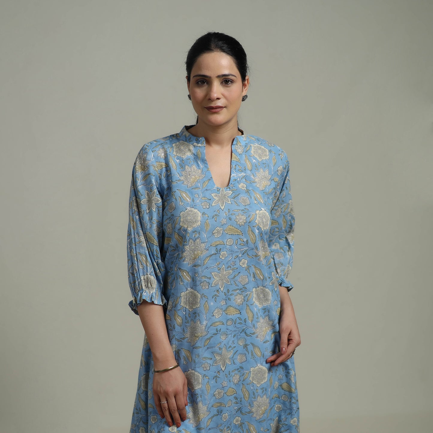 Blue - Sanganeri Hand Block Print Pure Cotton Tiered Dress 18