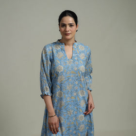 Blue - Sanganeri Hand Block Print Pure Cotton Tiered Dress 18