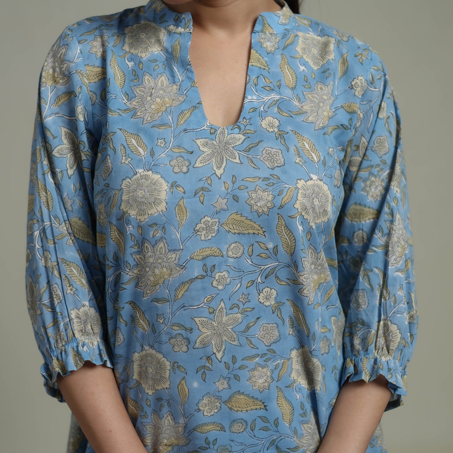 Blue - Sanganeri Hand Block Print Pure Cotton Tiered Dress 18