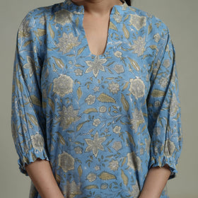 Blue - Sanganeri Hand Block Print Pure Cotton Tiered Dress 18